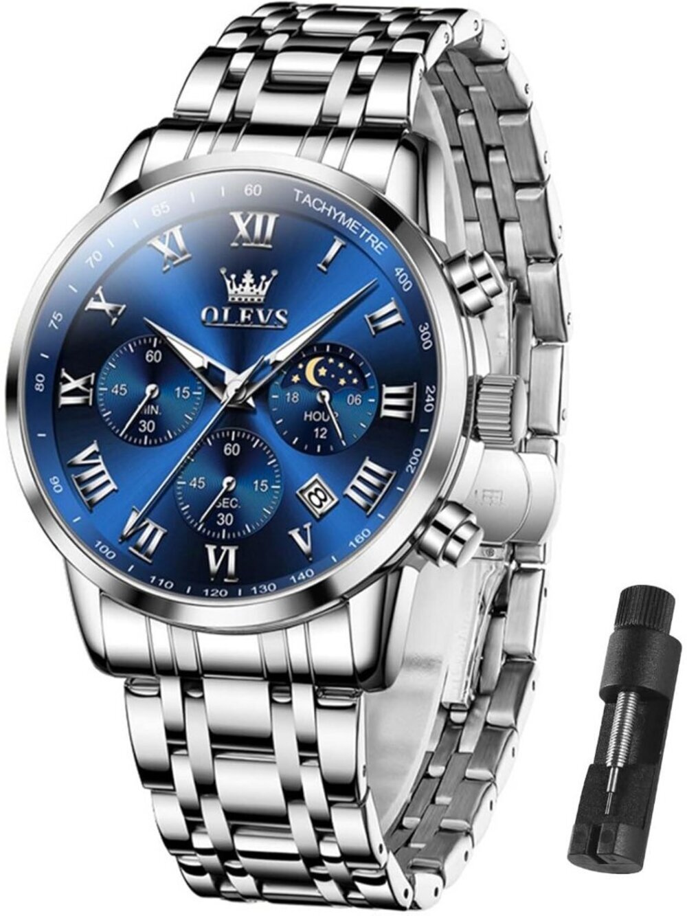Olevs Men's Silver Band Blue Face Multifunction Waterproof Chronograph Watch